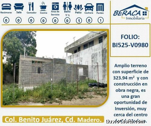 BI525-V0980 EN VENTA TERRENO EN COL. BENITO JUÁREZ EN CD. MADERO